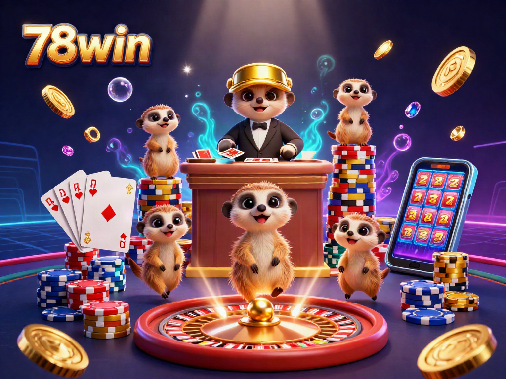 78win meerkat casino scene with vibrant chips, cards, and golden coins flying in action.
