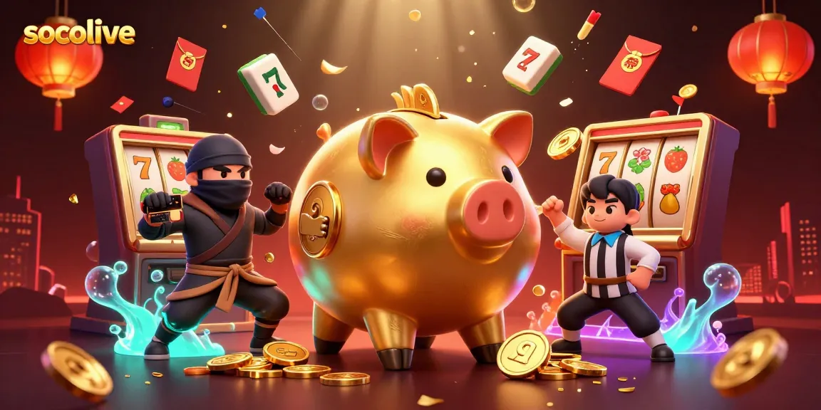 Socolive showcases an engaging 3D scene featuring a golden piggy bank sumo wrestler and a wallet ninja surrounded by vibrant casino elements.