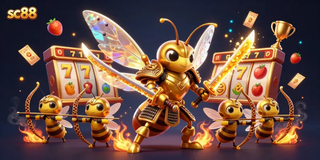 Experience the thrill of sc88 slots with golden symbols and animated characters in a dynamic casino scene.