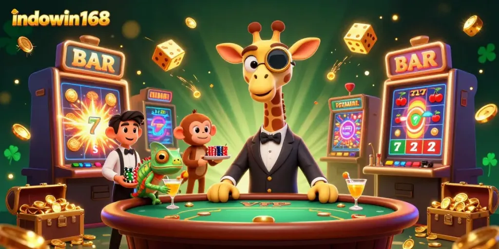 Gambarkan pengalaman bermain yang menarik dengan indowin168 dalam ilustrasi kasino 3D yang kaya warna.