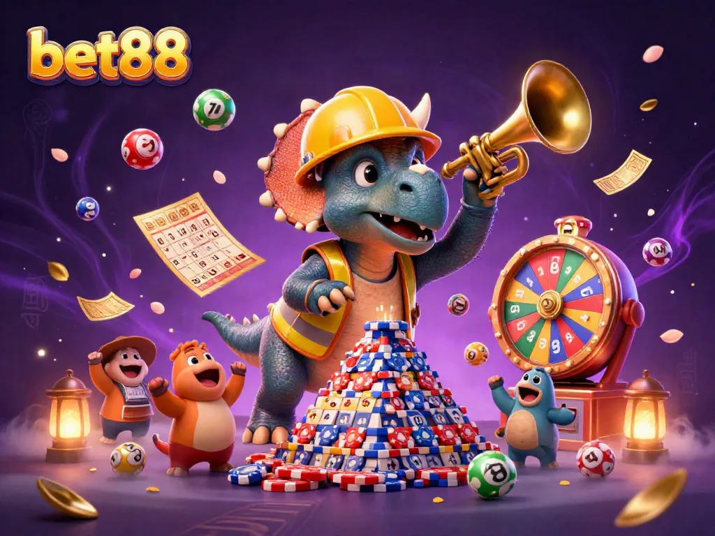 Bet88 engaging with dynamic casino games, celebrating wins with colorful elements and cheerful characters.