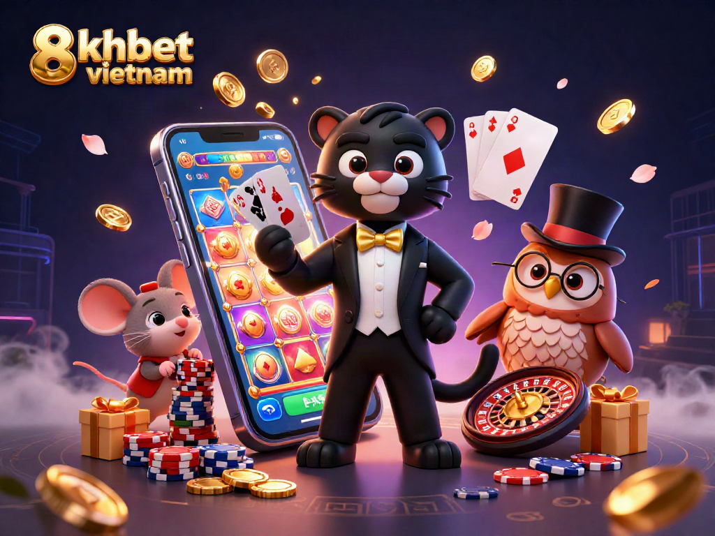 Engaging 3D scene with 8xbet vietnam illustrating a panther dealer, owl, and mouse in a casino setting.