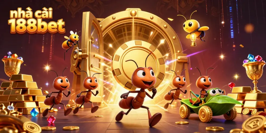 Experience the excitement at nhà cái 188bet with a thrilling illustration of ants on a heist for poker chips.