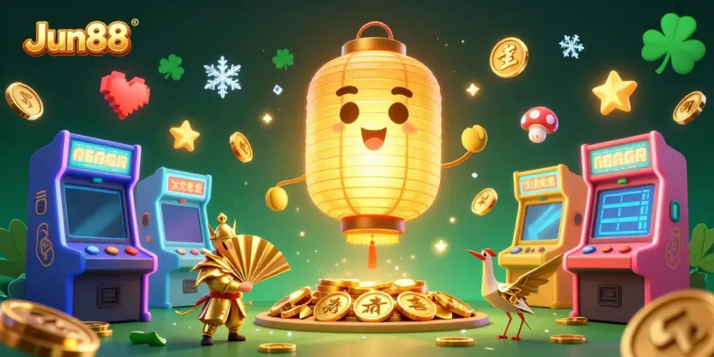 Engage with Jun88 at the vibrant night market casino, featuring golden lanterns and arcade wildlife.