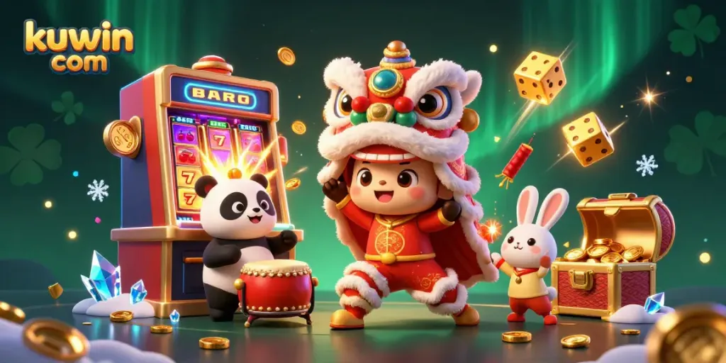 Engage with kuwin com's vibrant casino experience featuring a festive lion dance amidst slot machine excitement.
