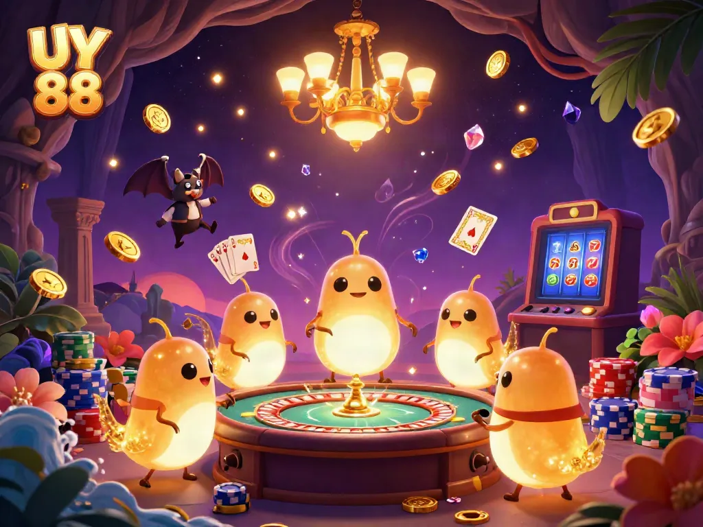 Experience the UY 88 thrill with cartoon glowworms lighting up a vibrant casino scene.