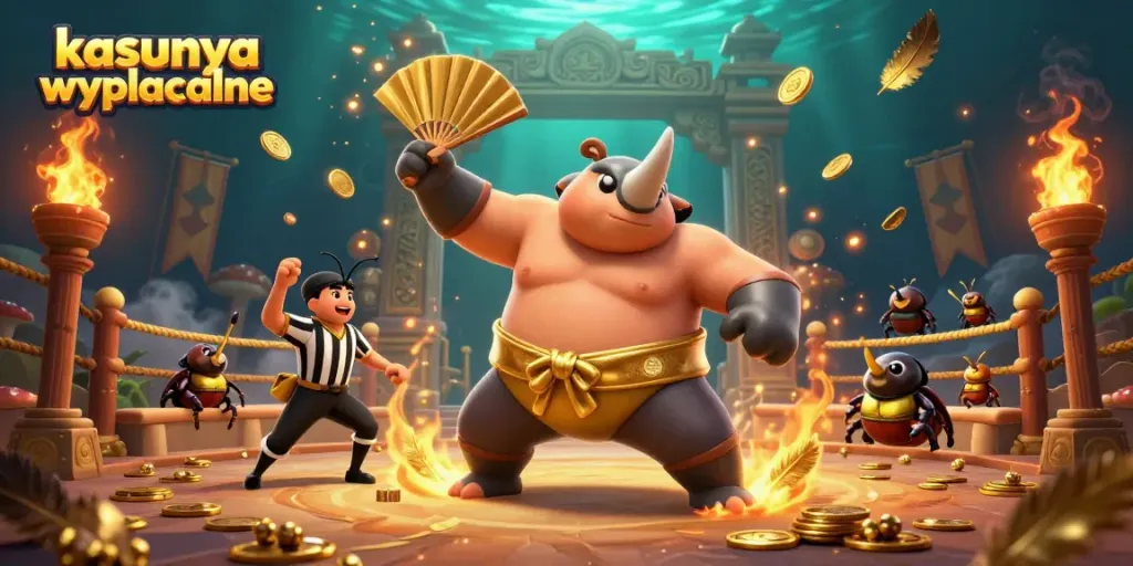 Engaging scene of kasyna wyplacalne featuring a cartoon rhinoceros beetle champion amidst golden coins and festive gambling elements.