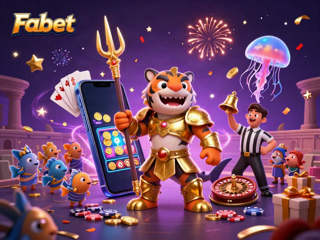 Experience the excitement at Fabet with a lively underwater casino scene featuring a fierce tiger shark in gladiator armor.