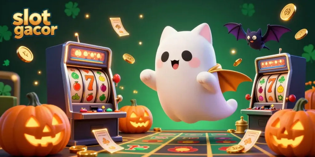 Slot gacor hadir dalam suasana kasino yang magis dengan slot mesin, karakter kucing hantu, dan lentera jack-o-lantern.