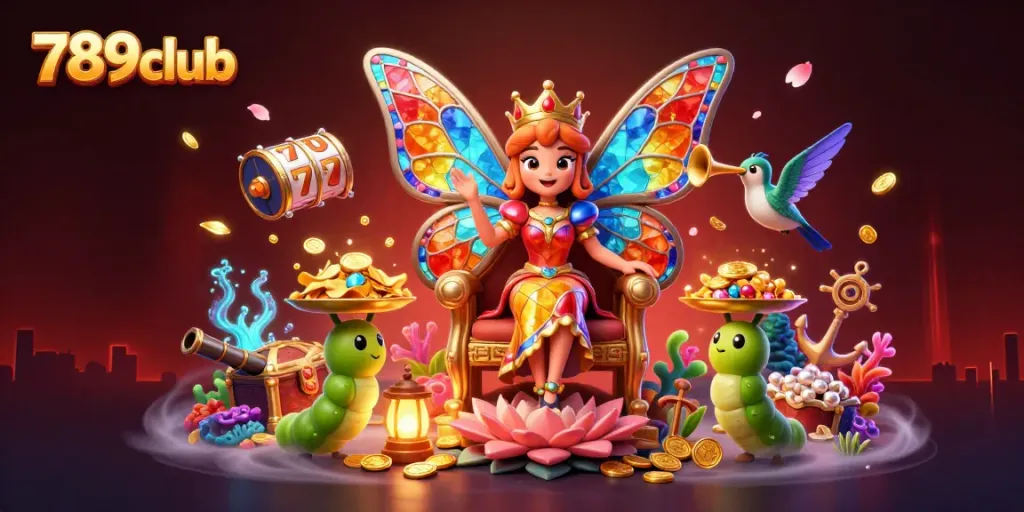 Engage with 789club in an ultra-detailed 3D casino scene featuring a butterfly queen and vibrant game elements.