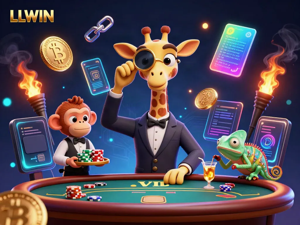 Experience exciting casino action at LLWIN with a whimsical giraffe, monkey valet, and chameleon bartender.
