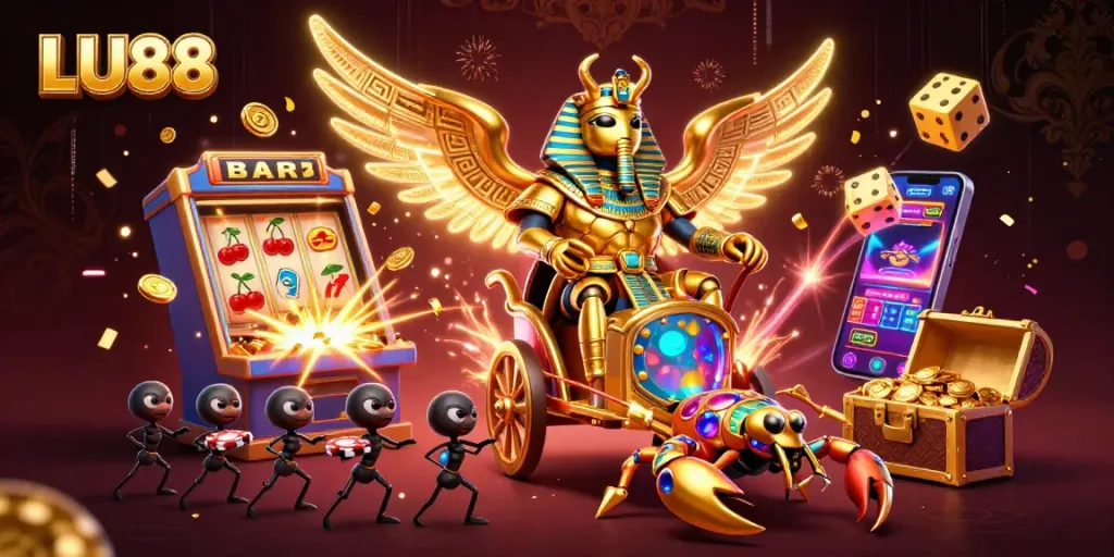 LU88 showcases a vibrant 3D casino illustration with golden scarabs, jackpots, and colorful game elements.