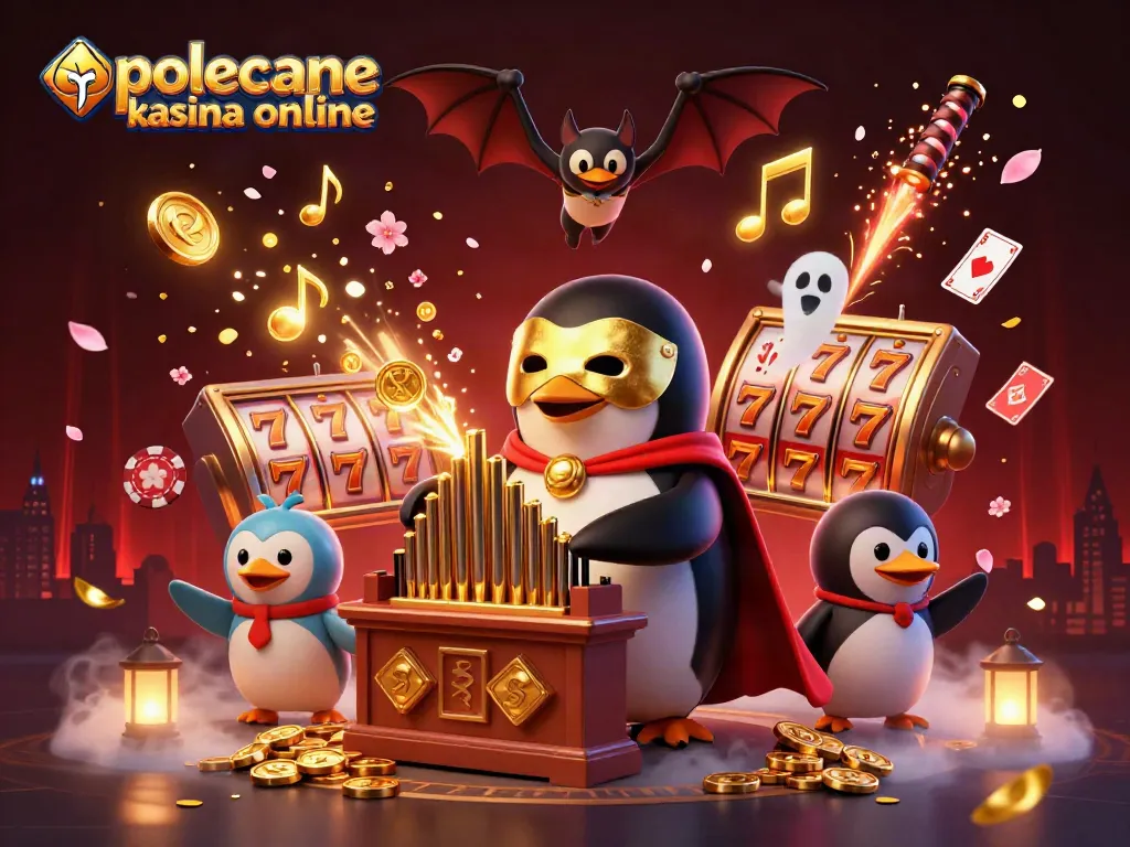 Play exciting games at polecane kasyna online with our penguin organist amid golden coins and vibrant casino elements.