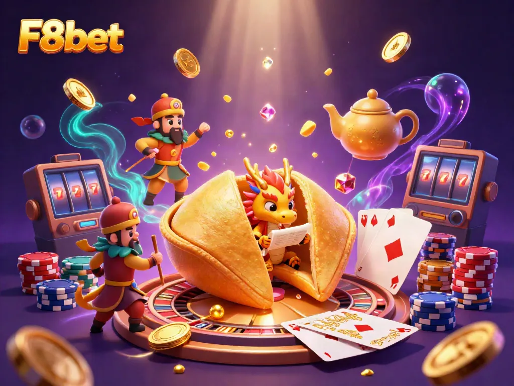 Engage with F8bet's thrilling casino experience illustrated by a golden fortune cookie scene, featuring dragons and gold elements.
