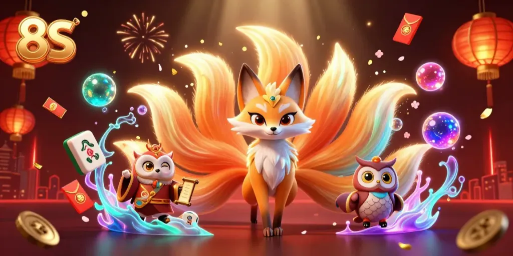 Experience the vibrant world of 8S in this dynamic casino illustration showcasing magical characters and festive symbols.