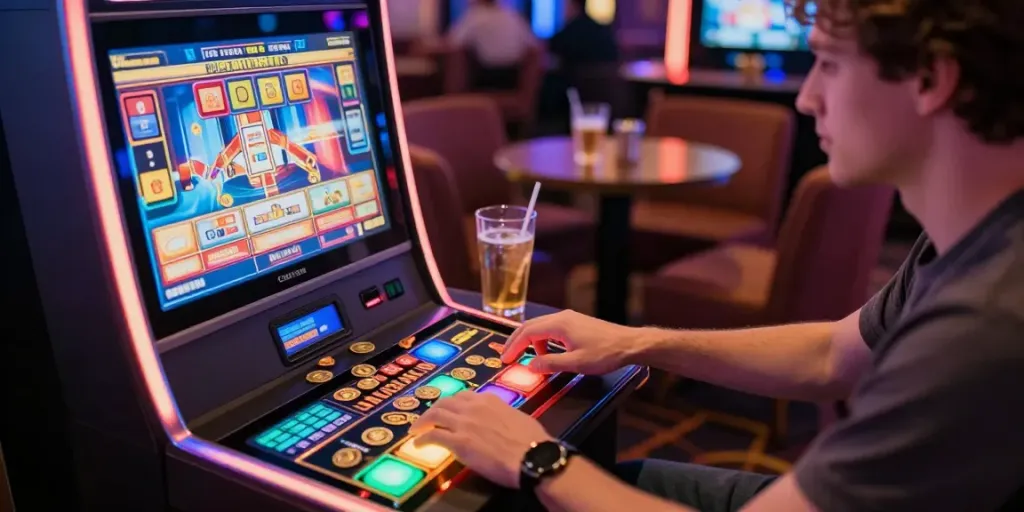 Pemain terpukau di mesin slot yang cerah dan berwarna-warni, menekan tombol dengan semangat.