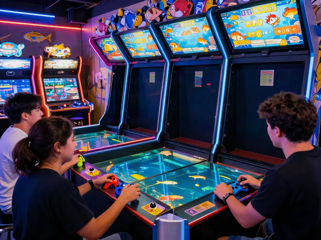 Players enjoying lại là Bắn cá đổi thưởng in a vibrant arcade environment with exciting game visuals.