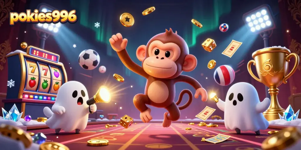 Experience the exciting world of pokies996 with lively characters and vibrant casino elements in this 3D illustration.