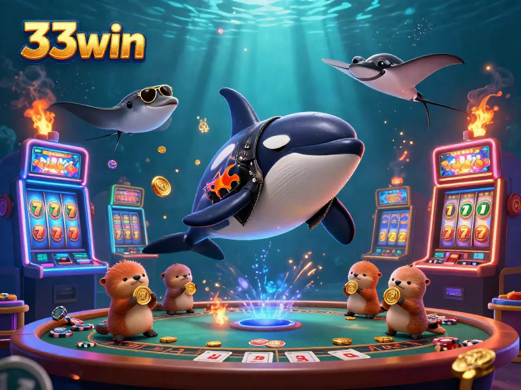33win's vibrant casino scene featuring a jumping orca, a stingray in aviators, and otters with coins.