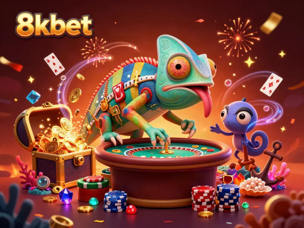 Experience the vibrant world of 8xbet with a colorful chameleon casino owner amidst floating cards and treasures.