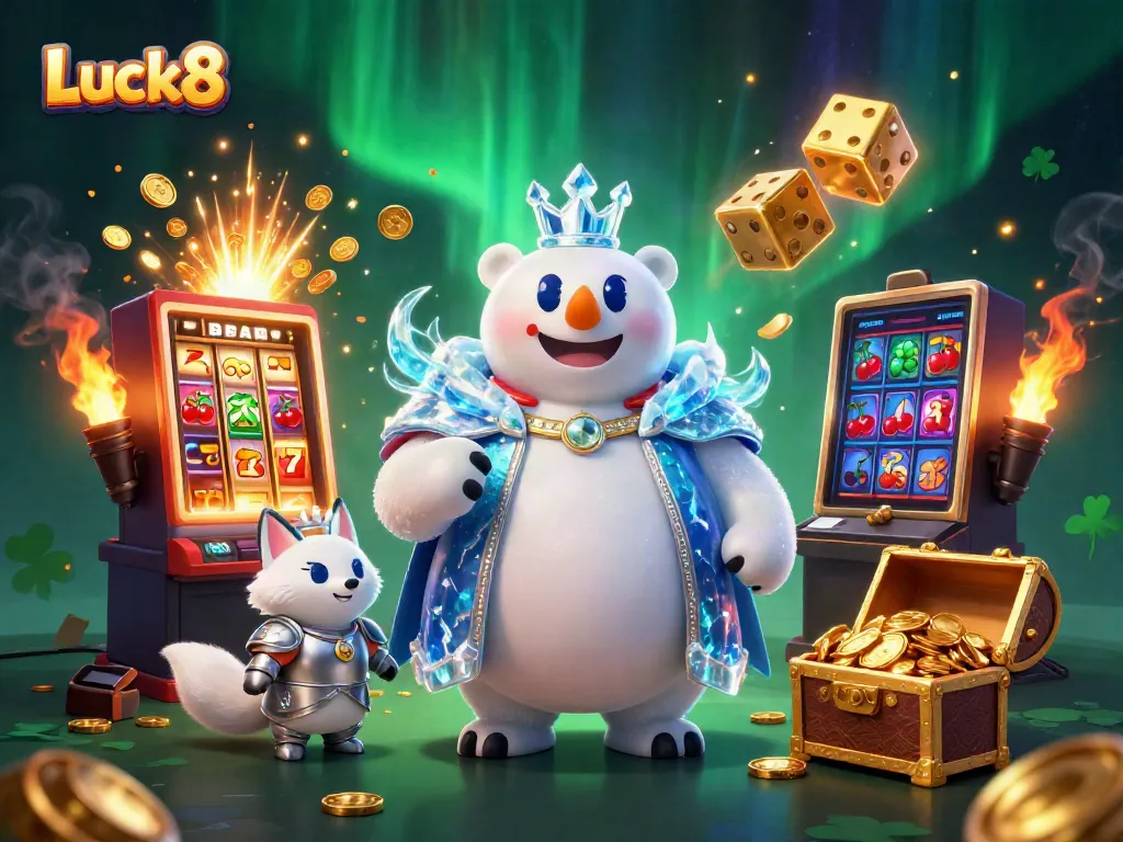 Luck8 gaming experience featuring a polar bear king, treasures, and slot machines in a stunning illustration.