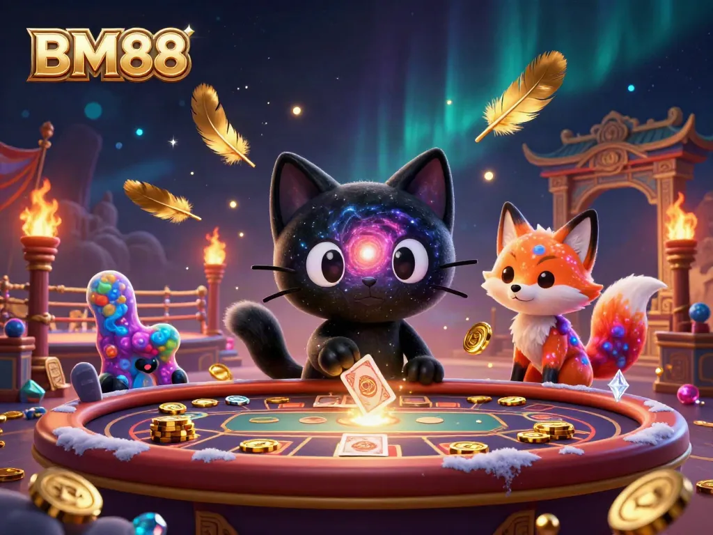 Engage with the cosmic charm of BM88's unique casino games at a vibrant cosmic table.