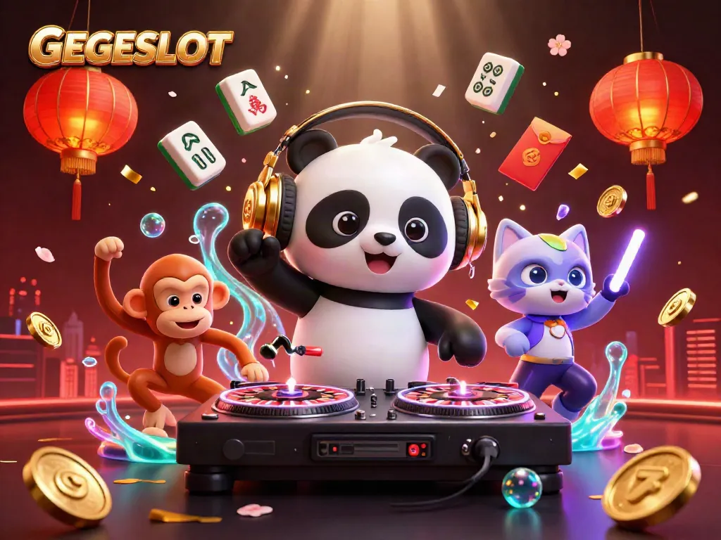 Experience GEGESLOT's vibrant casino atmosphere with a DJ panda and lively characters.
