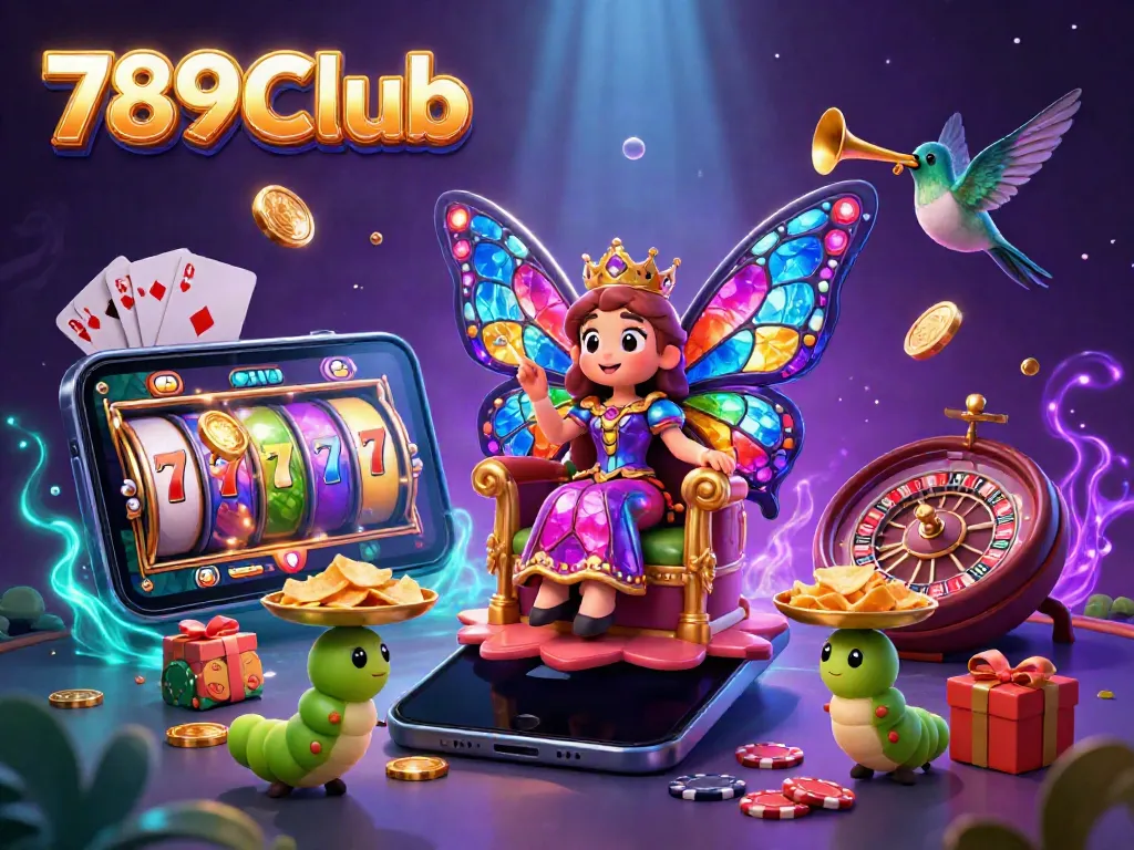 Engage with the vibrant 789Club gaming experience featuring a whimsical butterfly queen and immersive slot game elements.