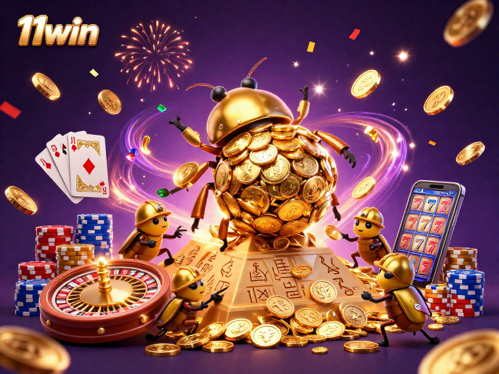 Engage in 11win’s magical casino universe with a golden beetle scene full of gaming elements.