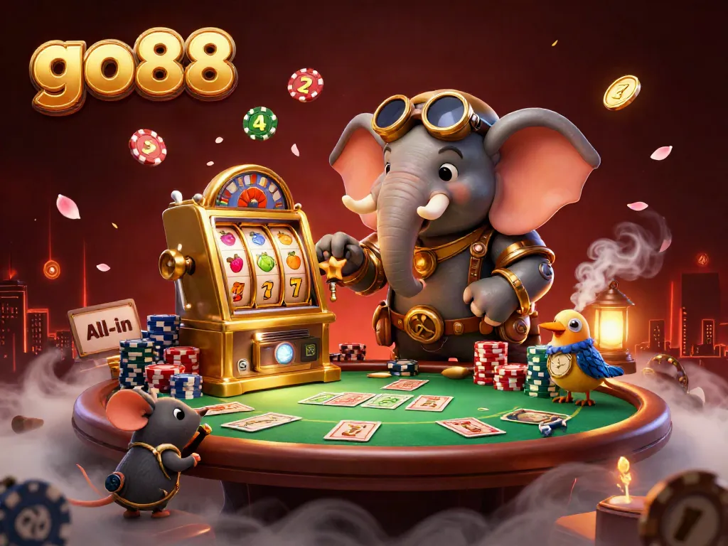 Experience excitement at go88 with a steampunk elephant engineer playing slots amidst vibrant poker elements.