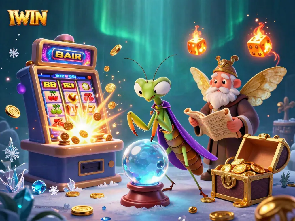 IWIN players enjoy energetic gaming with a dynamic scene of a fortune teller, moth librarian, and slot machine bursts.