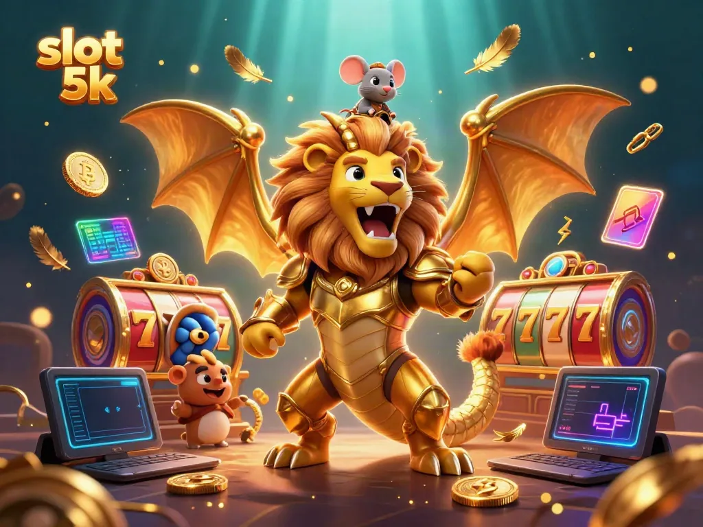 Engage in slot 5k gaming with a 3D chimera and mouse jockey, featuring vibrant slot elements and crypto icons.