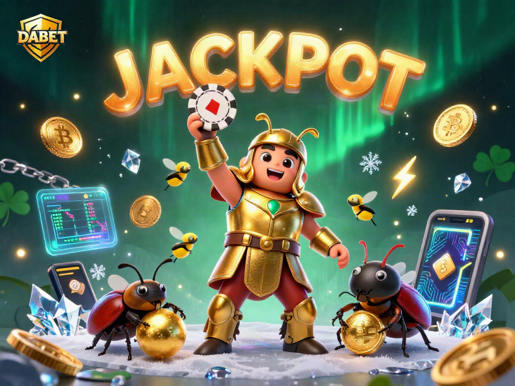 DABET offers exciting gaming opportunities, featuring a victorious beetle character lifting a poker chip in a vibrant casino scene.