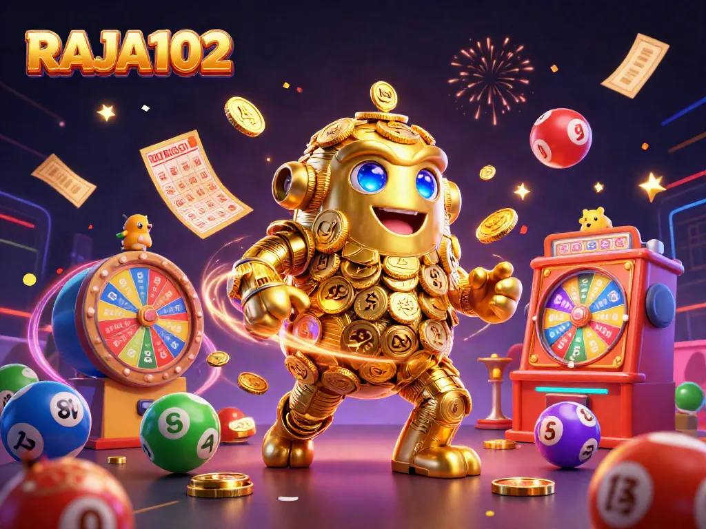 Experience thrilling gameplay with RAJA102 in a vibrant, dynamic casino scene.