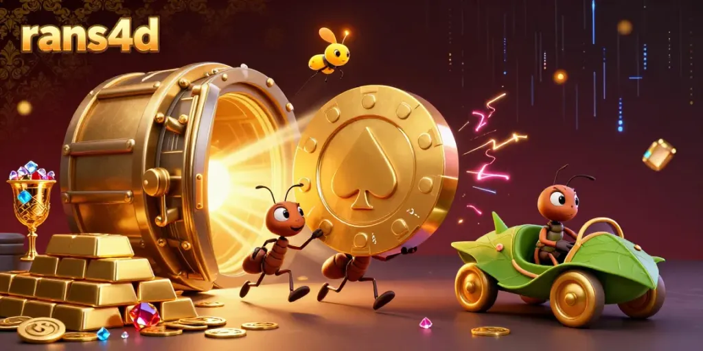RANS4D mengangkat chip poker emas raksasa melalui terowongan di ilustrasi penuh warna.