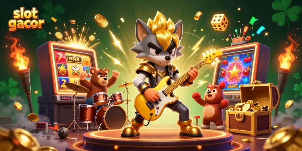 Menampilkan slot gacor dengan karakter kartun yang bermain di atas panggung kasino dengan efek koin yang berjatuhan.