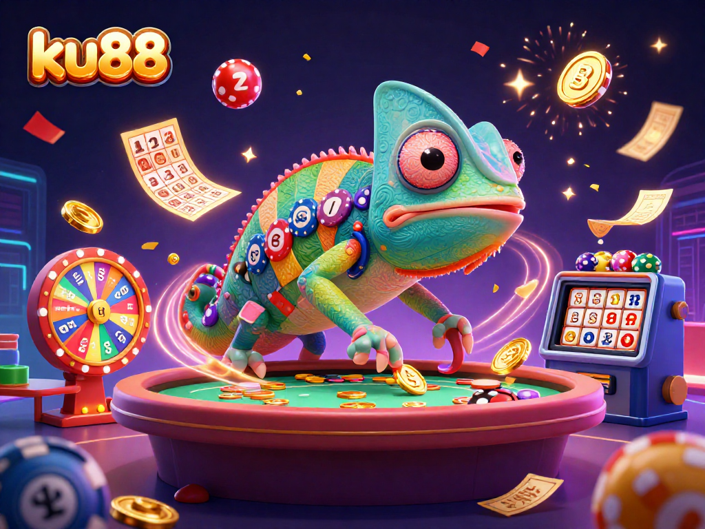 ku88's vibrant casino scene with a chameleon owner engaging players in a rich, dynamic atmosphere