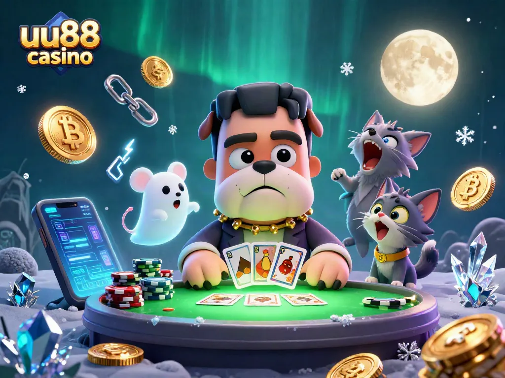 Play at uu88 casino while a Frankenstein bulldog deals cards and a ghost mouse floats through chips.