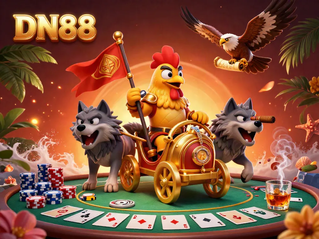Experience the thrilling action of DN88 as the rooster warlord commands the gaming table with poker chips and cards.