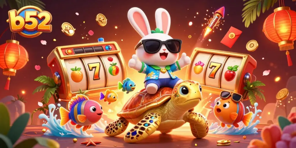 Play exciting games at b52 casino, featuring vibrant characters and festive gambling symbols.
