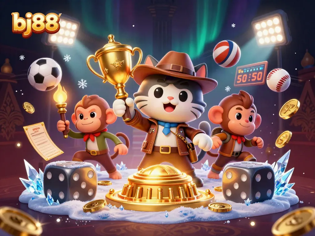 Bet on thrilling moments with bj88 as a cat explorer uncovers casino treasures in a vibrant scene.