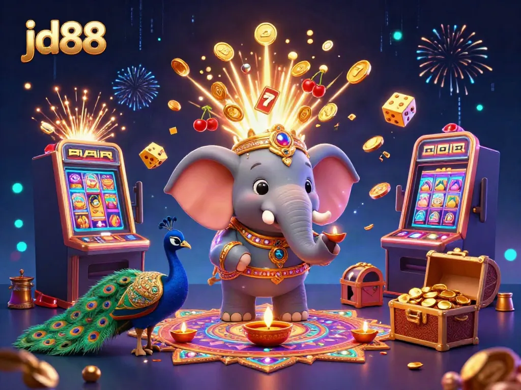 Experience thrilling gameplay at jd88 with vibrant casino-themed illustration featuring an enchanting elephant and peacock.