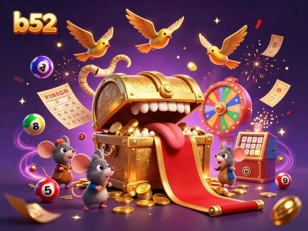 Engaging b52 casino theme illustration showcasing a treasure chest and dynamic lottery elements.
