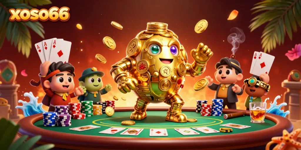 Experience the vibrant energy of online casino action with xoso66's unique golden golem surrounded by poker elements.