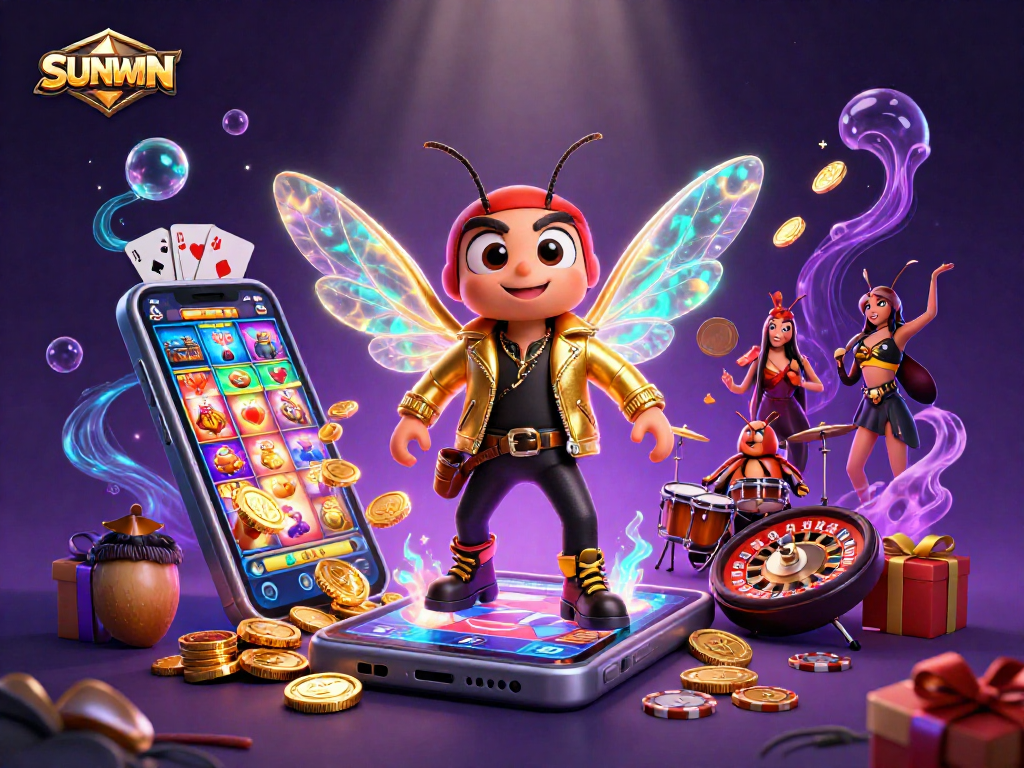SUNWIN leads the excitement with winning slots and a vibrant gaming scene featuring a rock star cicada and friends.