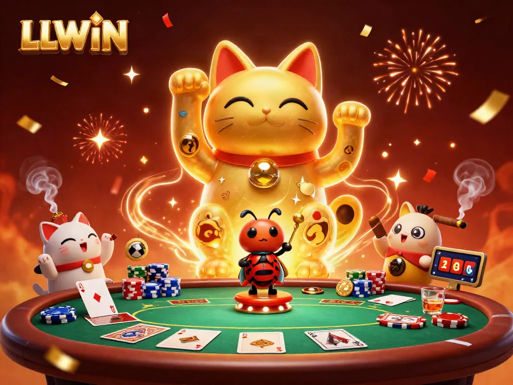 Celebrate success with LLWIN's dynamic casino experience featuring a lucky cat and poker elements.