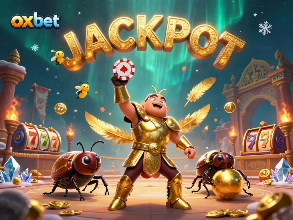 Win big with OXBET as the 3D hercules beetle triumphantly lifts chips in a lively casino scene.