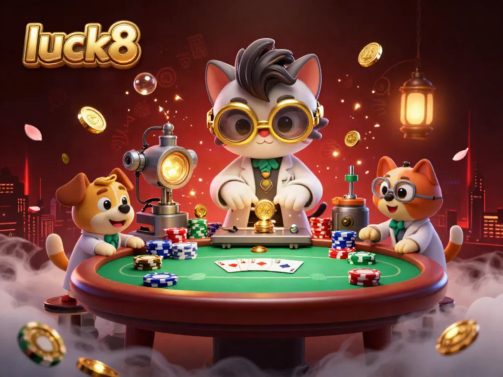 Engage in poker action with luck8's vibrant scene showcasing a mad scientist cat and dog creating a gold-coin machine.