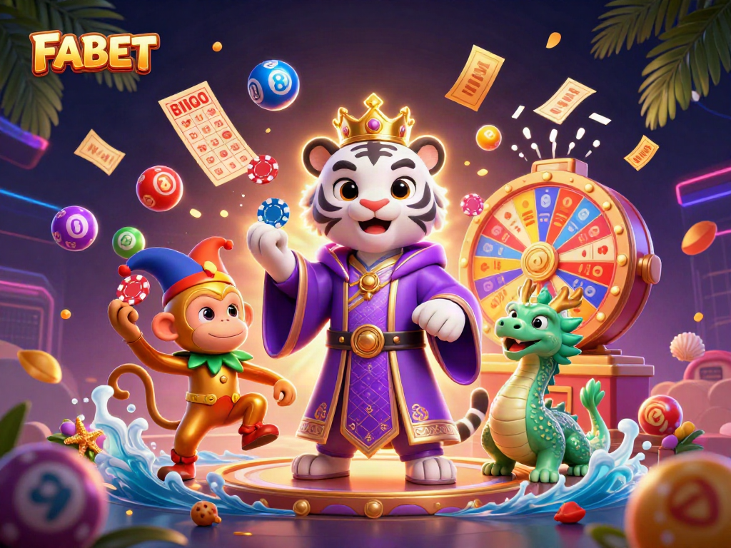 Experience thrilling games at FABET with vibrant illustrations of exciting casino elements.