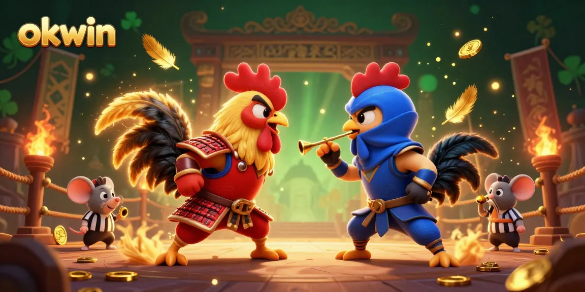 Experience the excitement of okwin in an illustrated casino showdown featuring roosters and golden feathers.